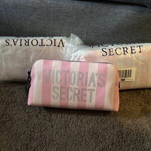 Victoria's Secret Pink and White Striped Cosmetic Pouch with Rhinestone Logo